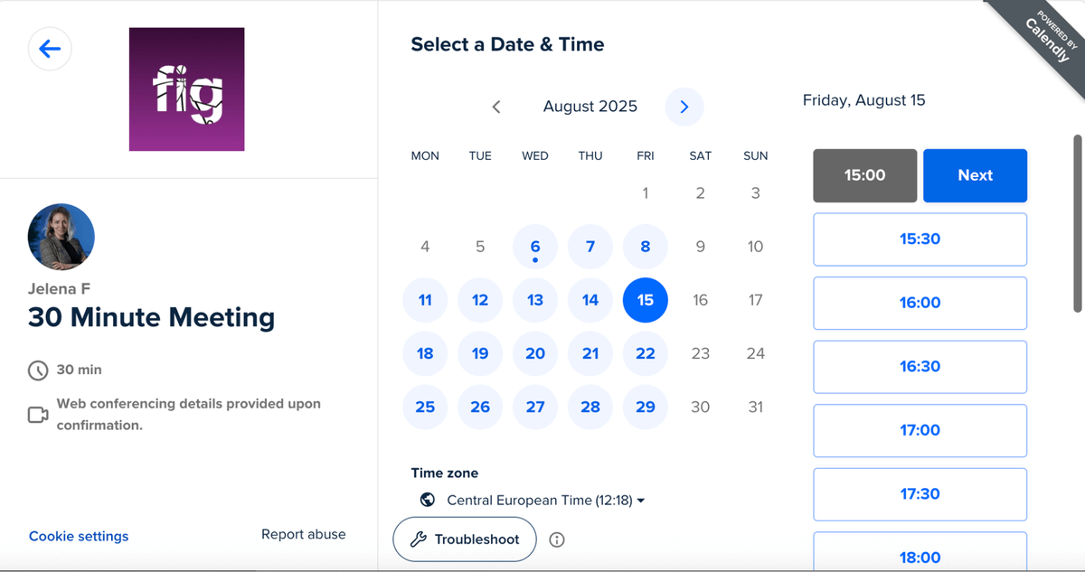 Choosing a free meeting slot in Calendly