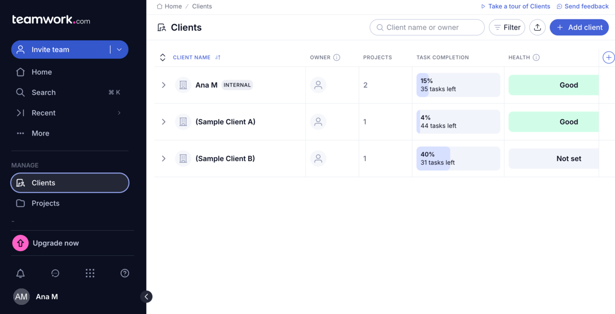Clients view in Teamwork