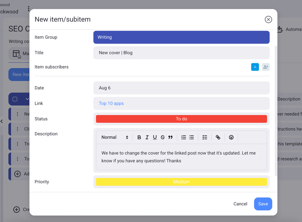 Creating a new item in Plaky project management software