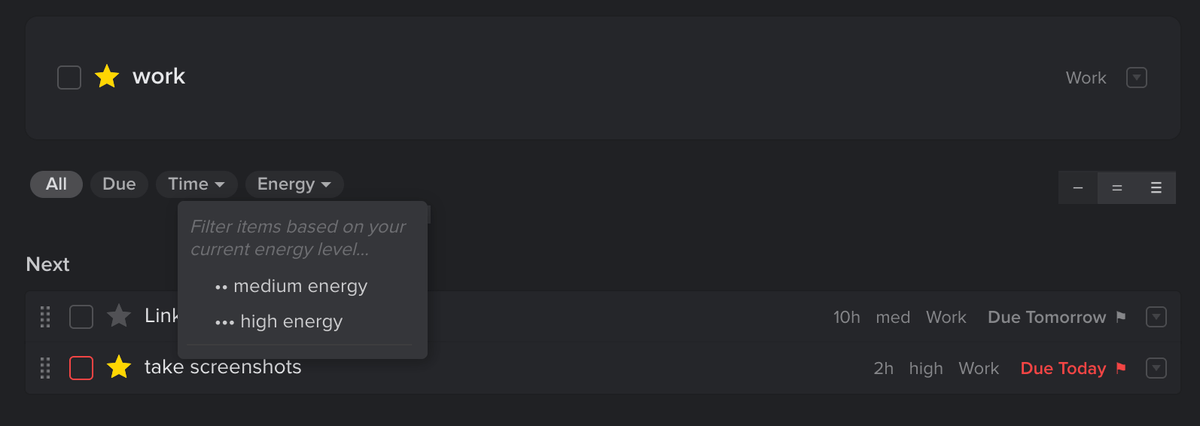 Task filtering in Nirvana software