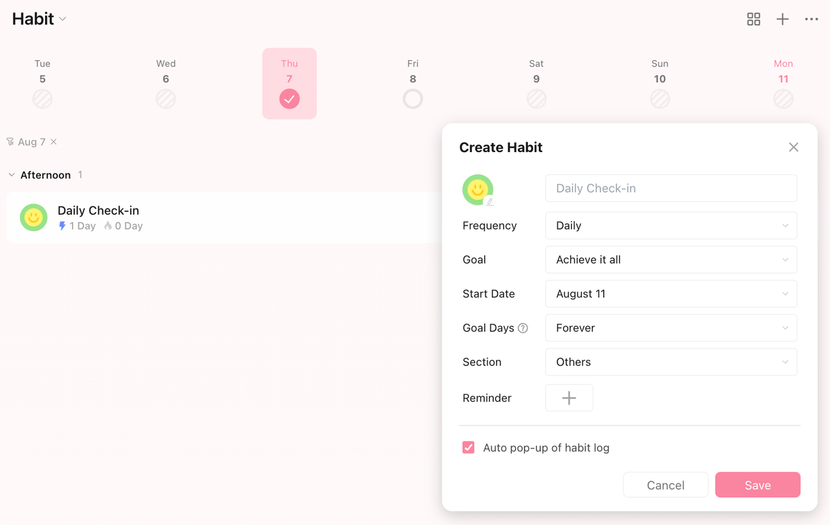 Habit tracking in TickTick software