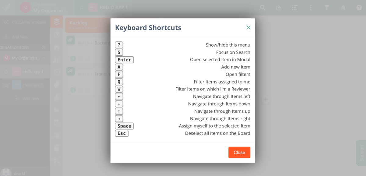 Keyboard shortcuts in VivifyScrum
