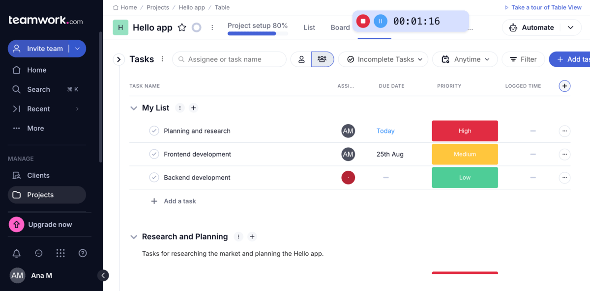 Native time tracker in Teamwork