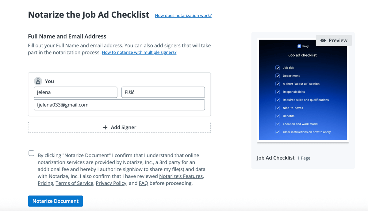 Doc notarization in SignNow