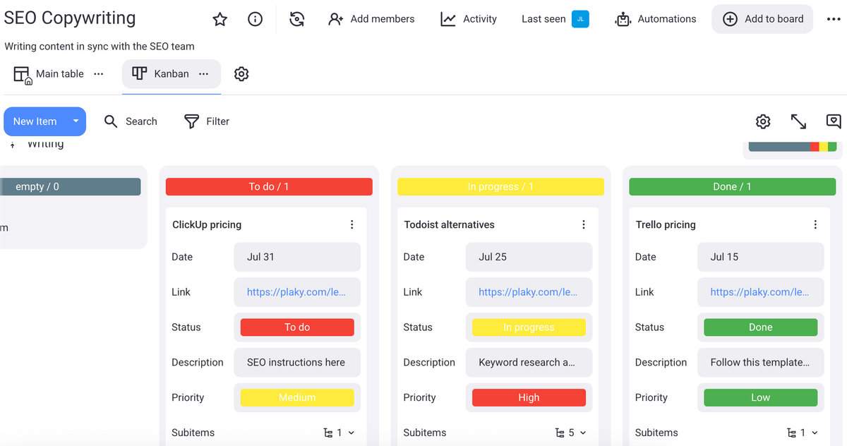 Kanban board view in Plaky project management software