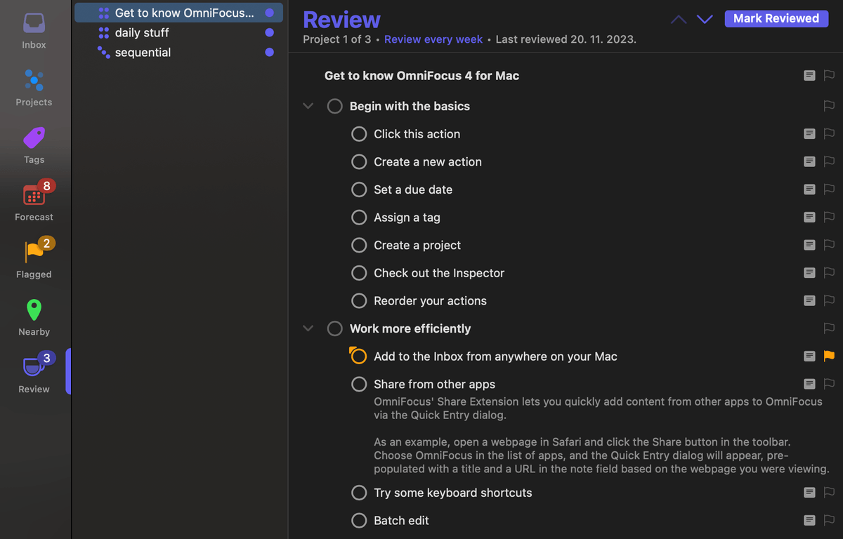 Project overview in OmniFocus software