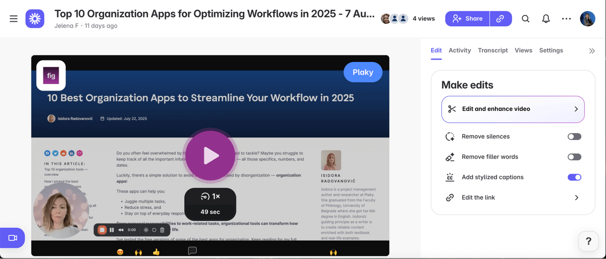 Making video edits in Loom