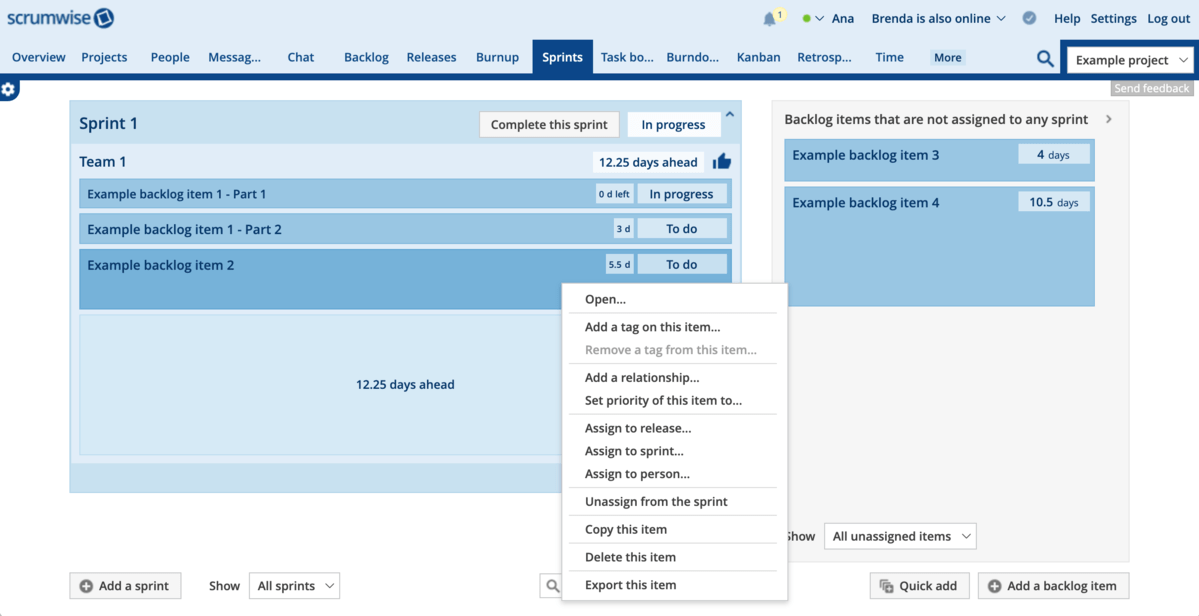 Right click menu in Scrumwise