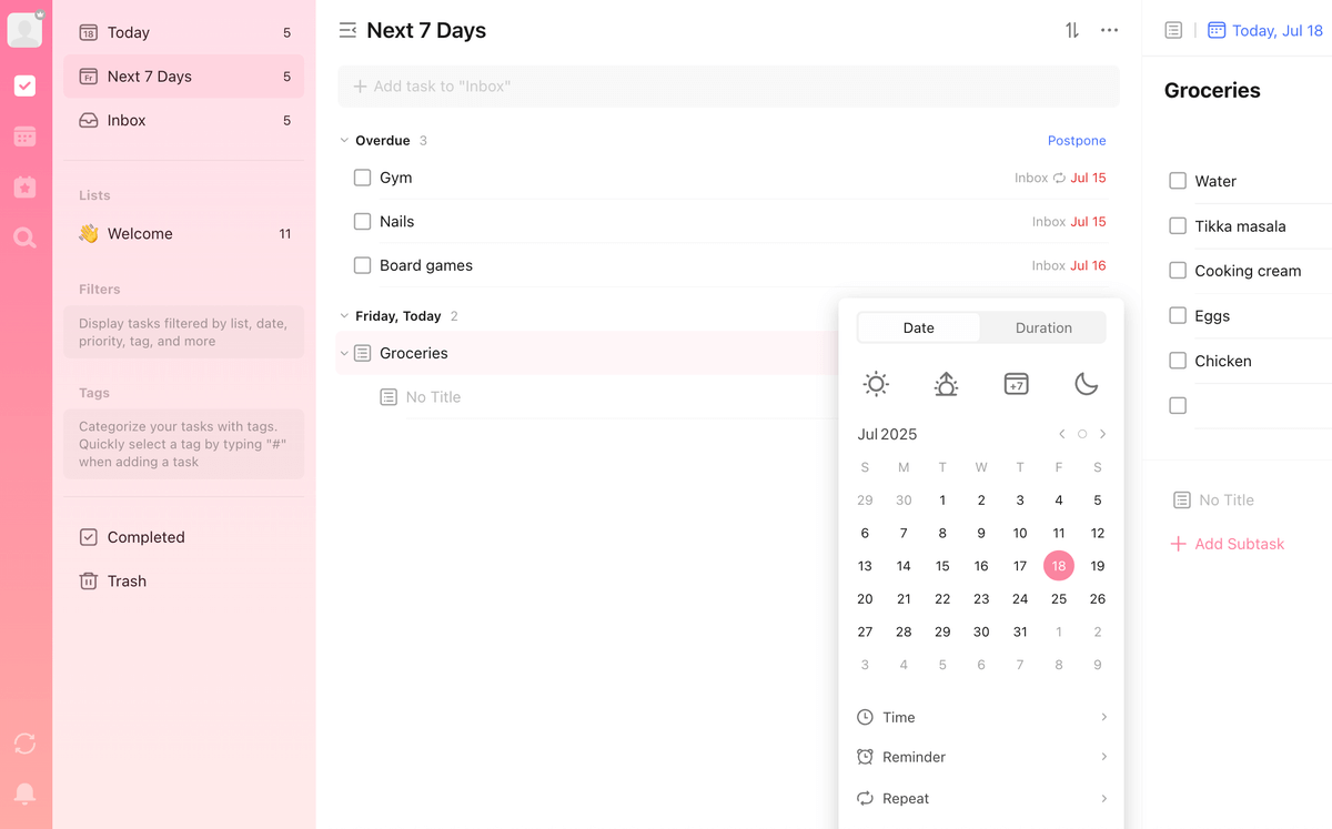Task scheduling in TickTick software