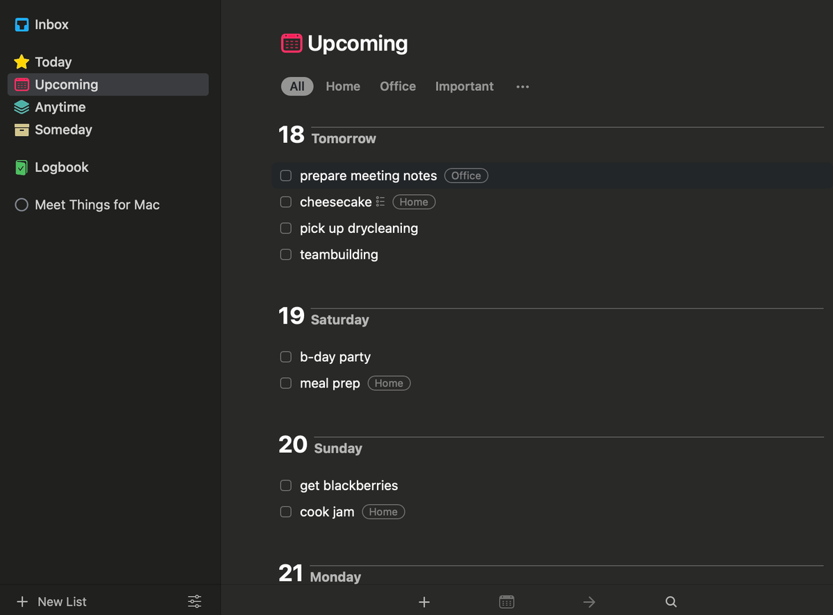 Scheduling and tagging upcoming tasks in Things software