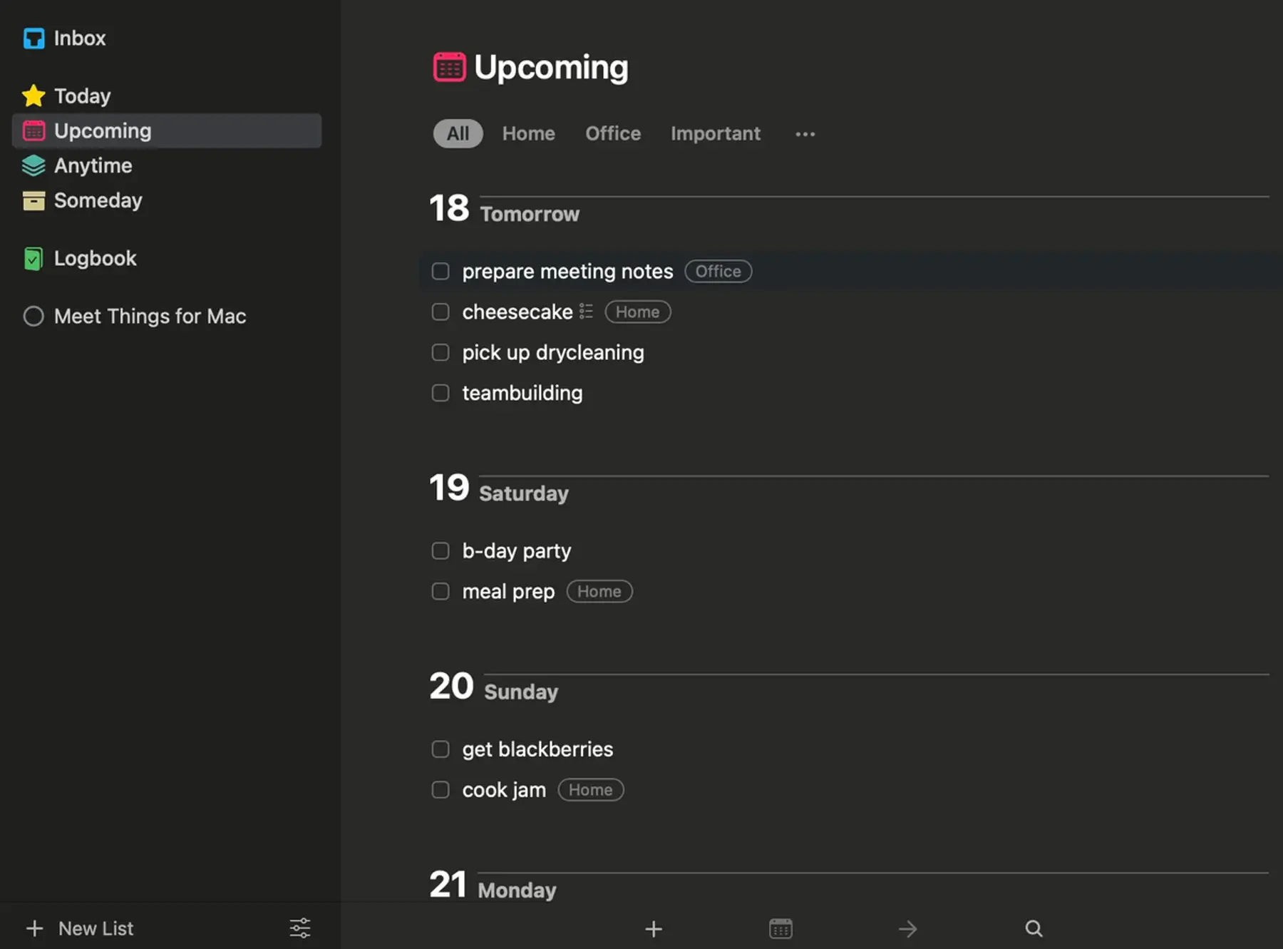 Scheduling and tagging upcoming tasks in Things