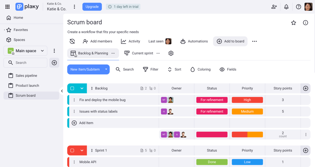 Scrum board in Plaky