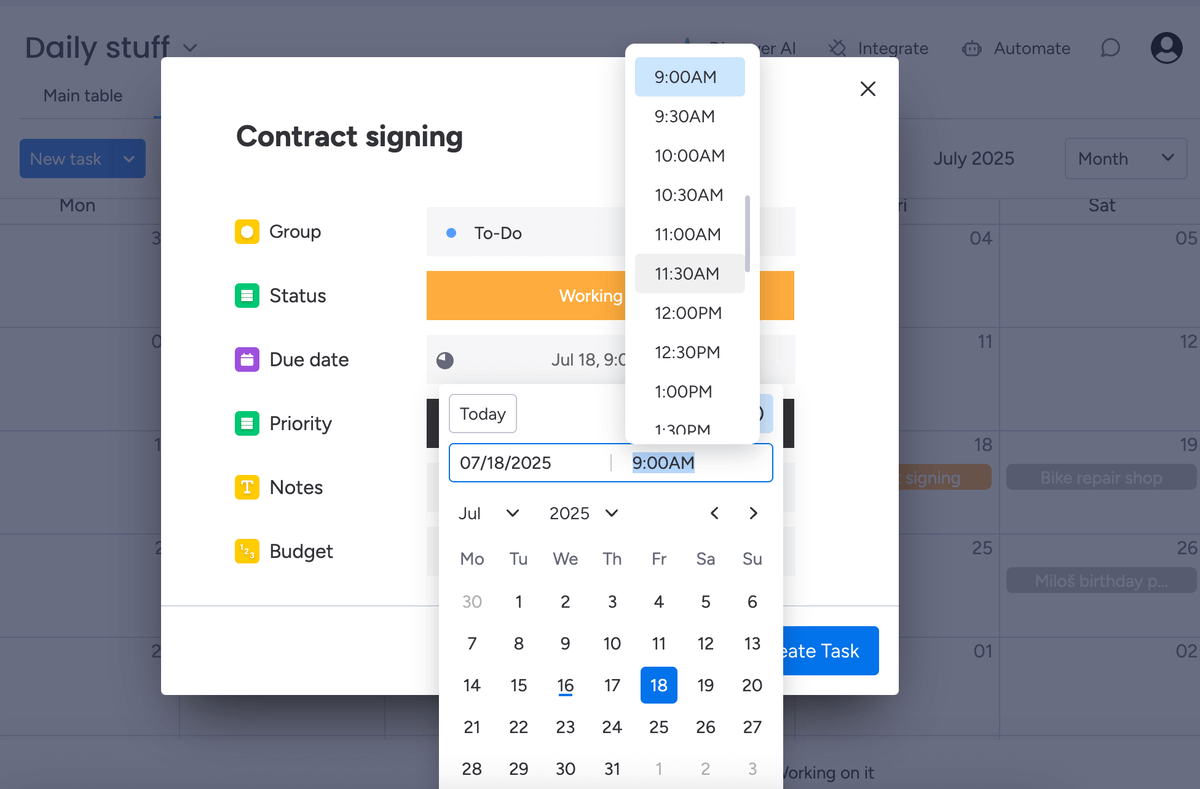 Setting a date and time for a task in monday.com software