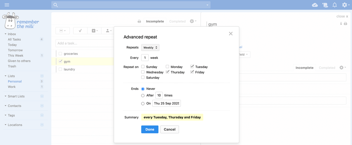 Recurring tasks in Remember the Milk software