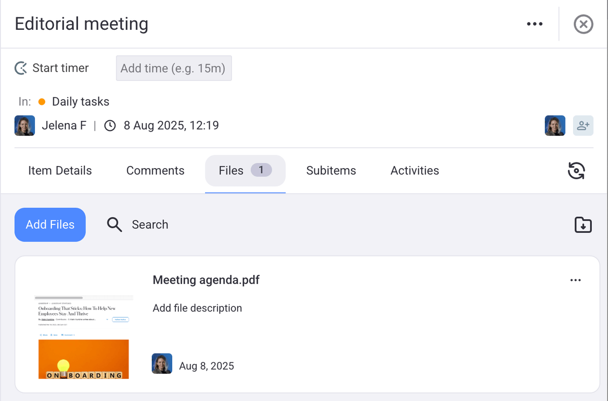 Sharing files in Plaky project management software