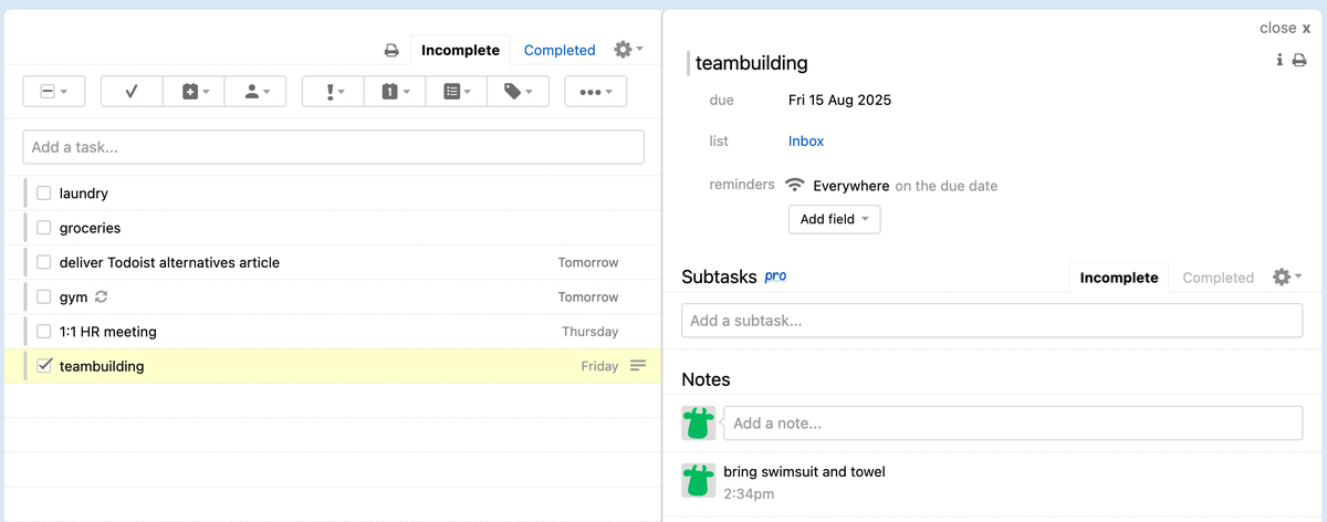 To-do lists and note-taking in Remember the Milk software