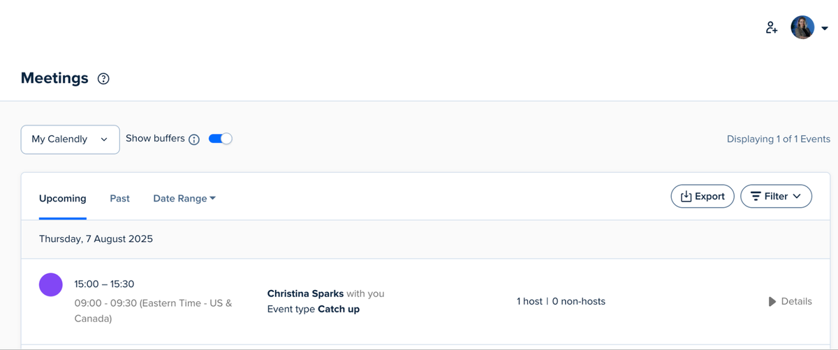 Upcoming events in Calendly