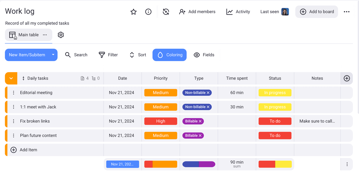 Work log template in Plaky project management software