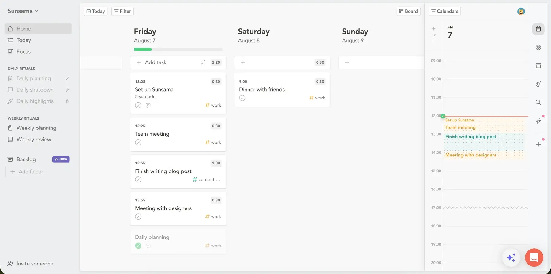Task overview in Sunsama
