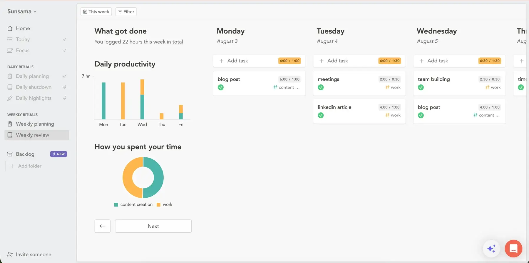 Weekly review feature in Sunsama