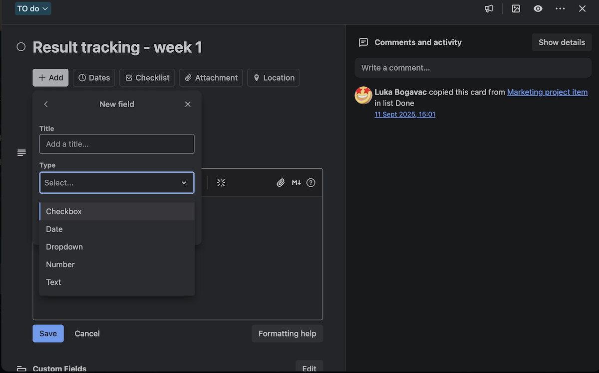 Adding custom fields to a card in Trello