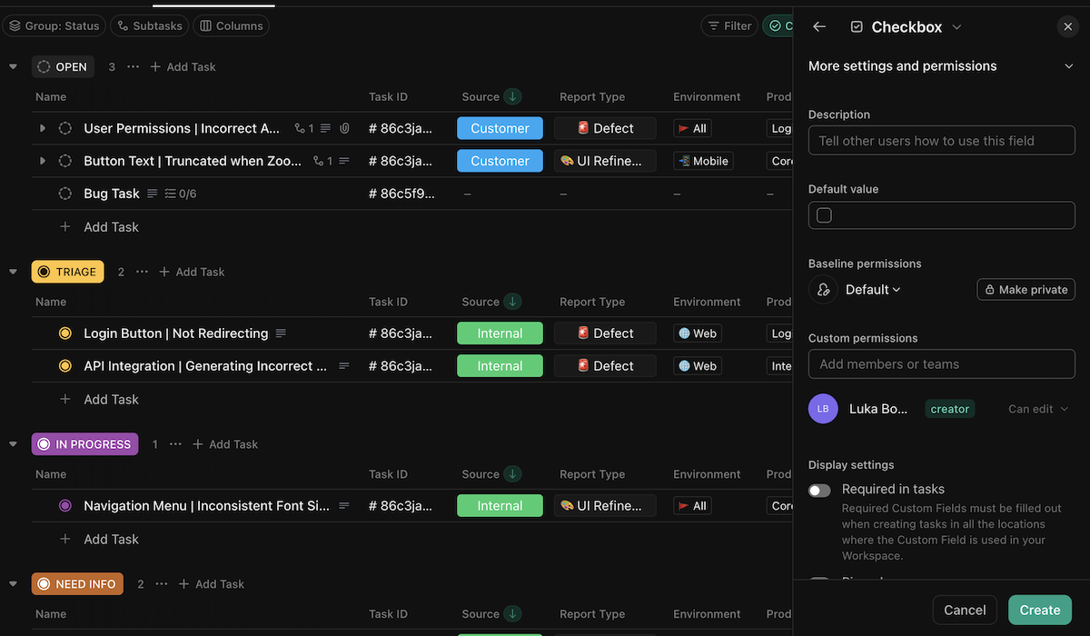 Adding custom fields to a list in ClickUp