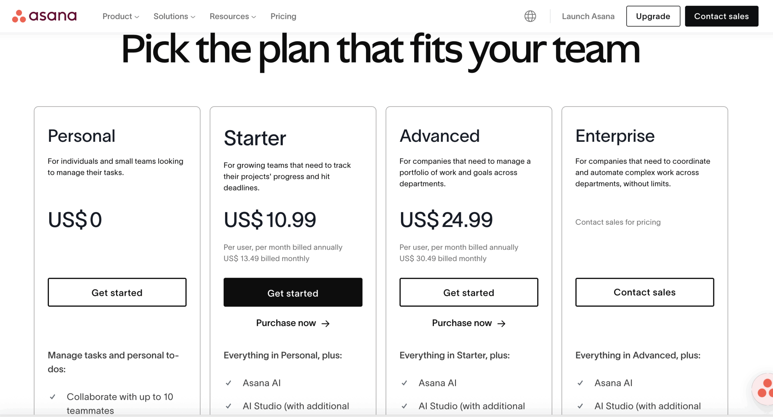 Asana's pricing plans