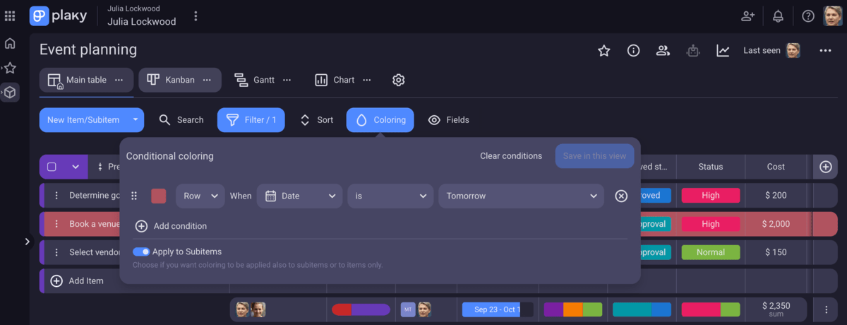 Conditional coloring in Plaky project management software