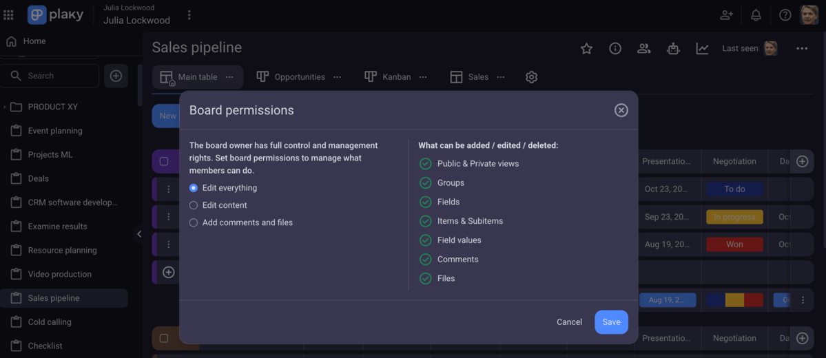 Board permissions in Plaky project management software