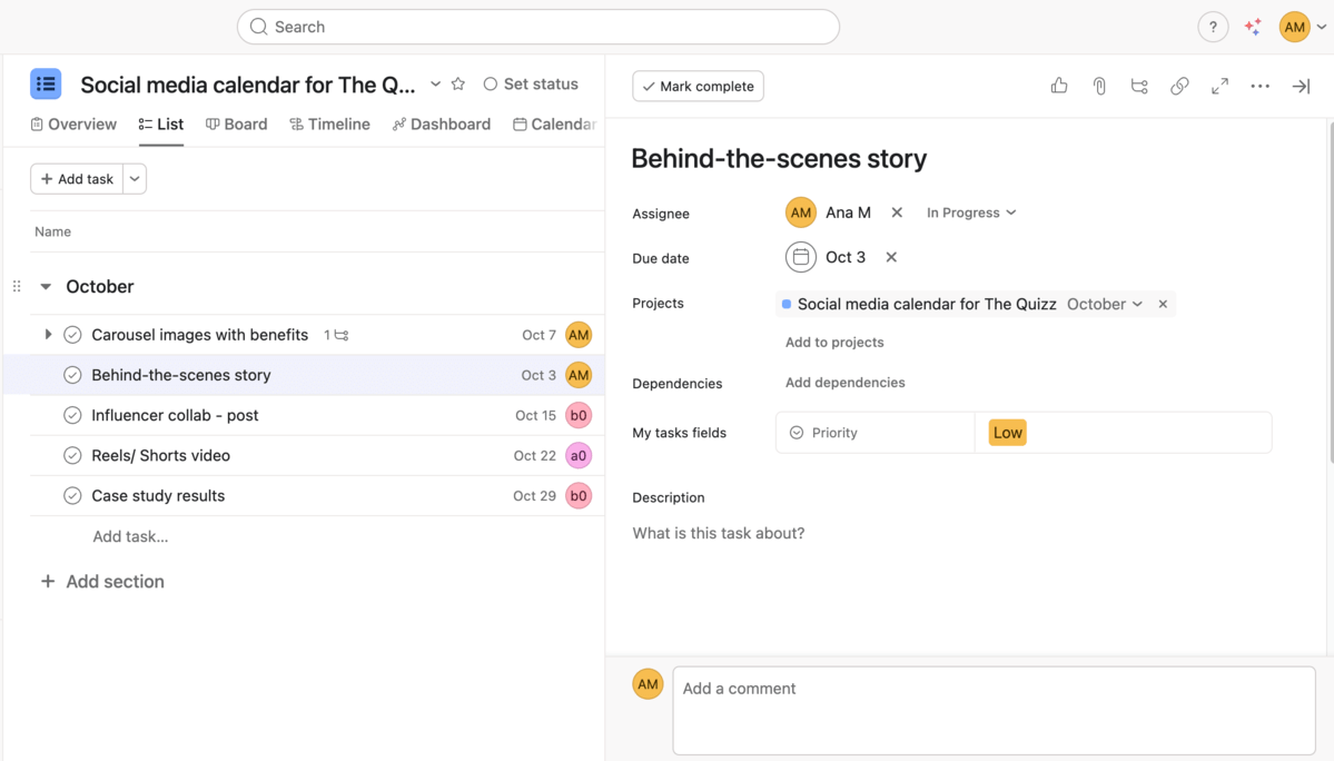 Task pane example in Asana project management software
