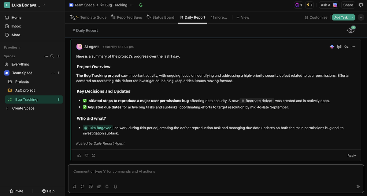 Getting daily AI board overviews in ClickUp