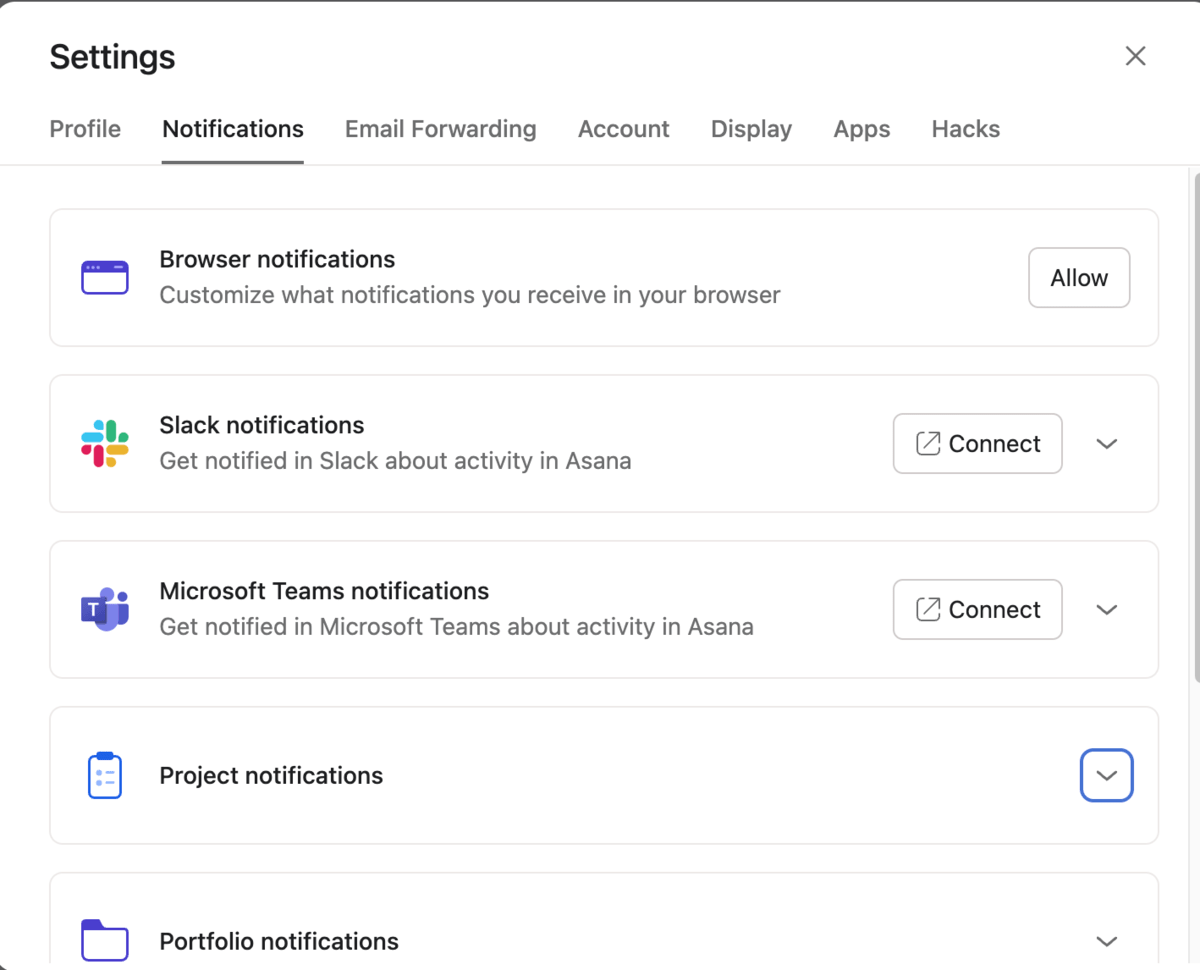 Notification settings in Asana project management software