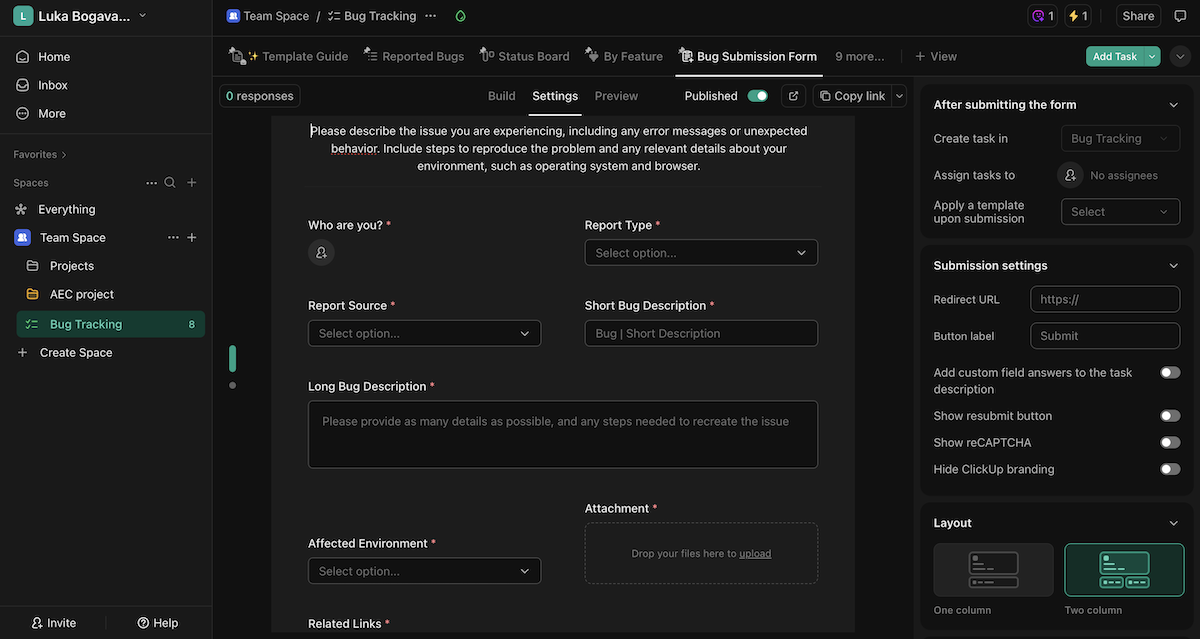 Form view in ClickUp