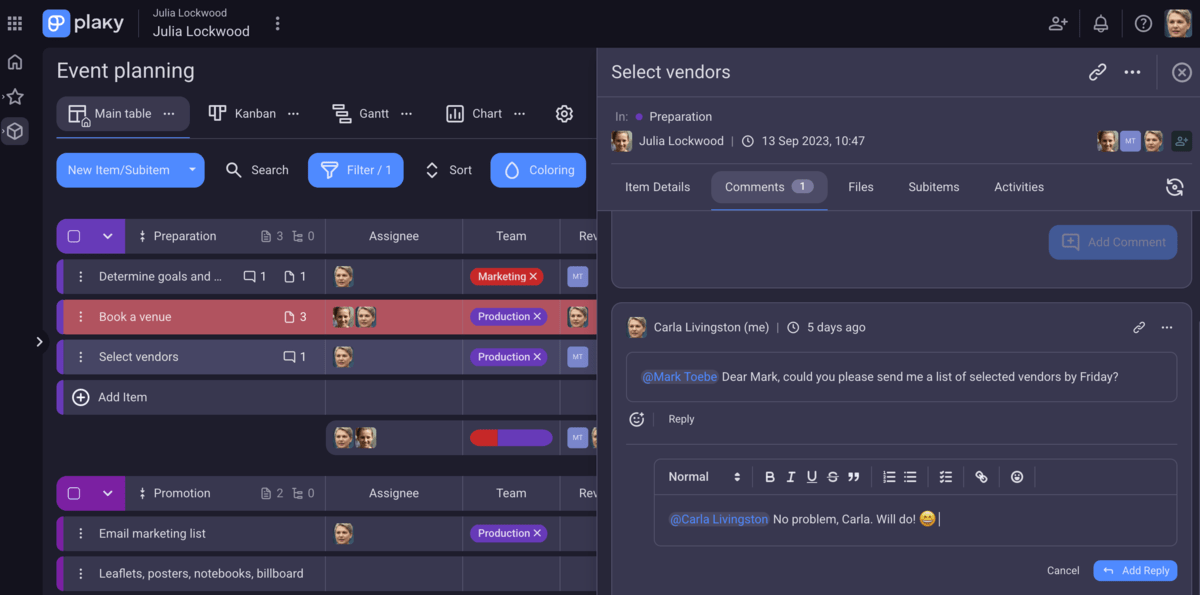 Comments and replies in Plaky project management software