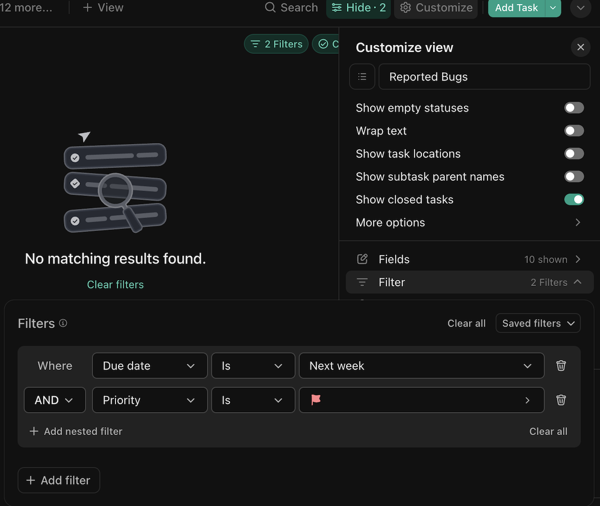Using filters in ClickUp