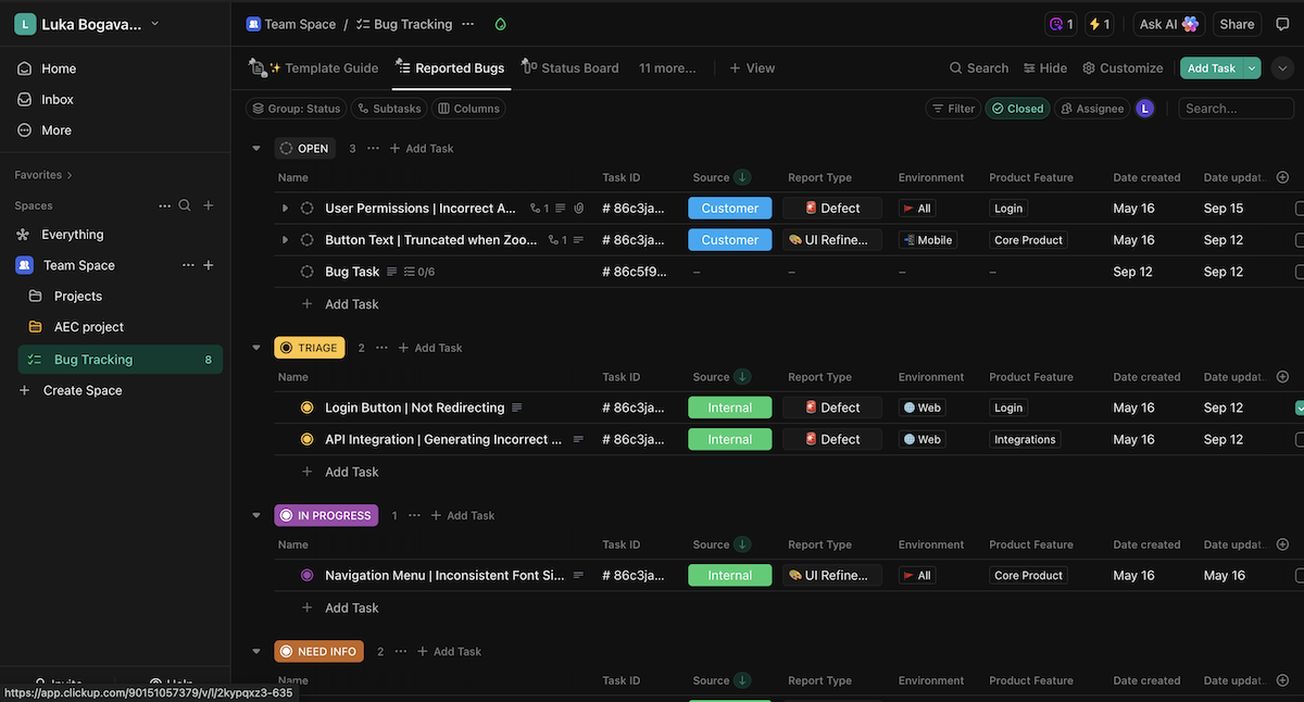 Using the bug report template in ClickUp