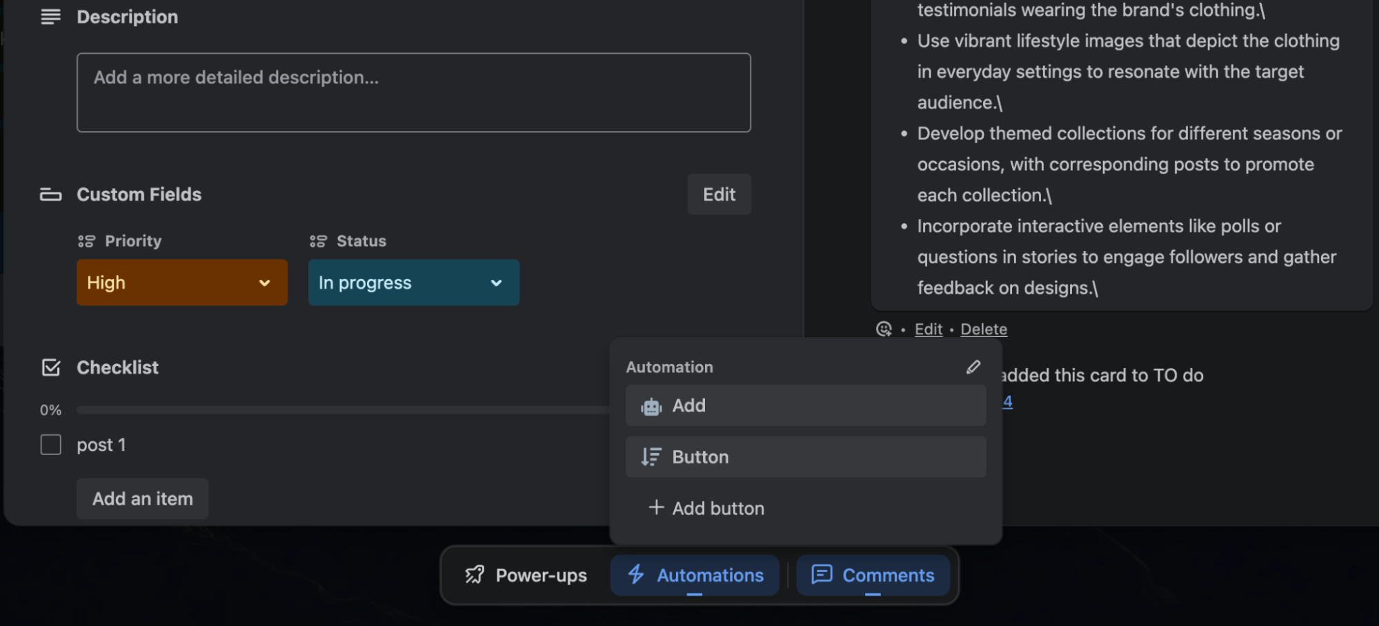 Adding buttons underneath task cards in Trello