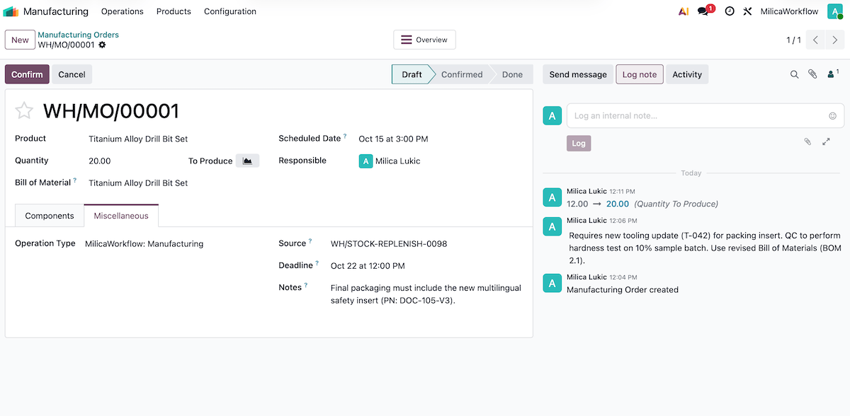 A manufacturing order in Odoo