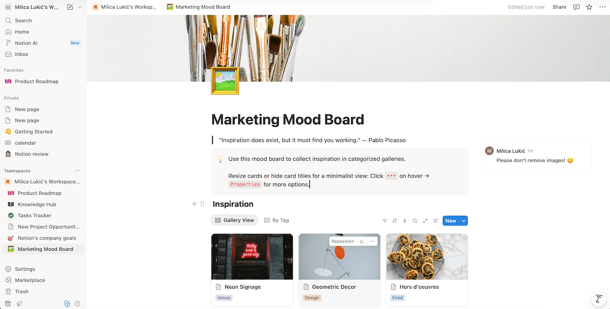 A mood board in Notion