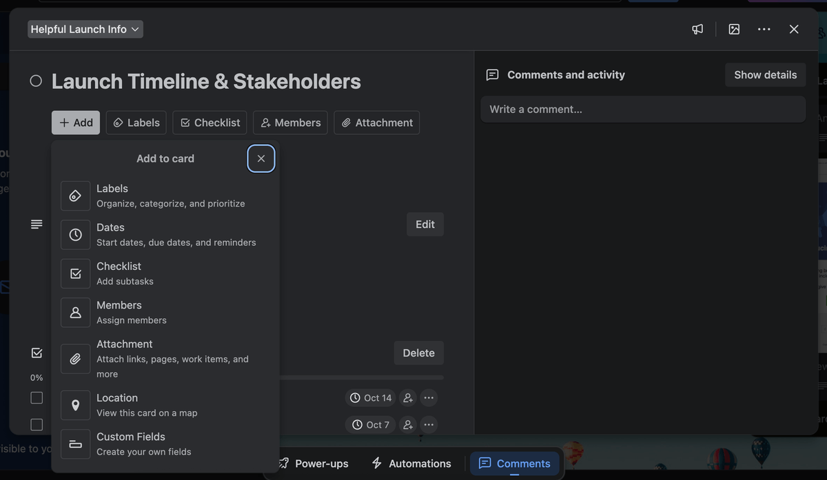 Adding fields to cards in Trello project management software