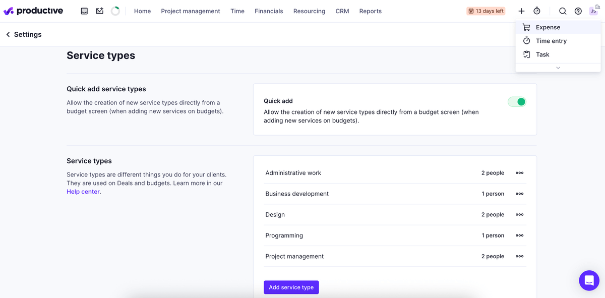 Adding service types in Productive software