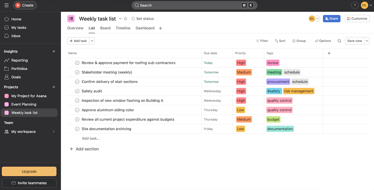 Asana's interface