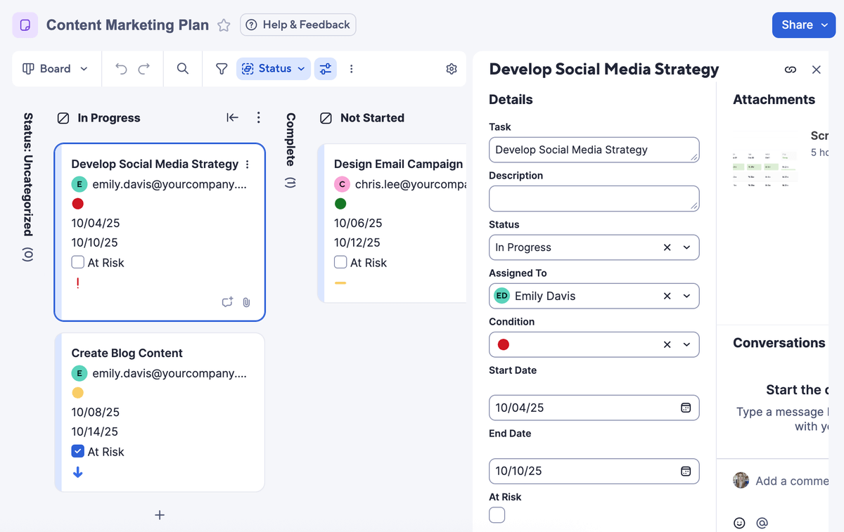 Board view and task details in Smartsheet software