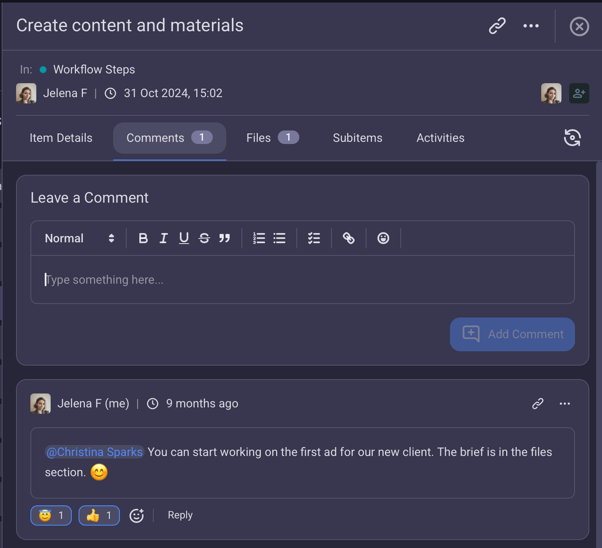 Comments in Plaky project management software