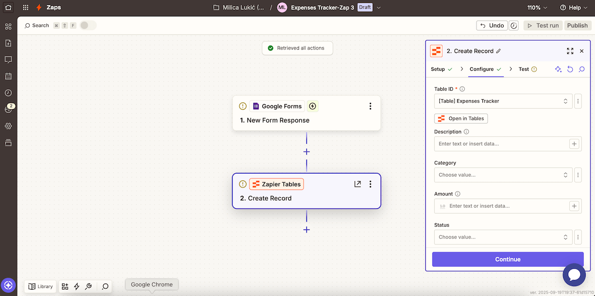 Creating a Zap in Zapier Tables software
