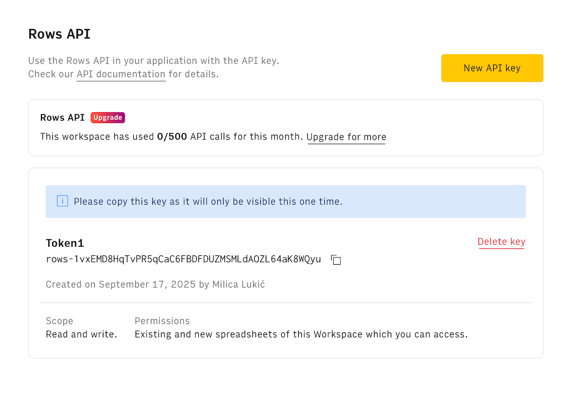 Creating an API key in Rows