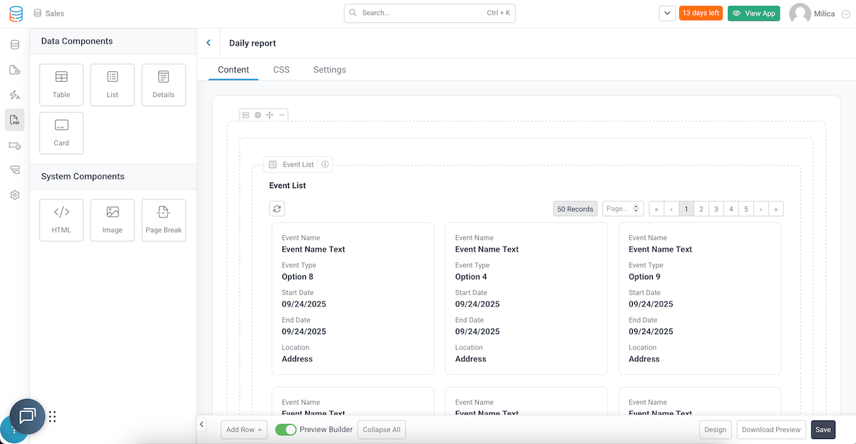 Drag-and-drop report builder in Tadabase