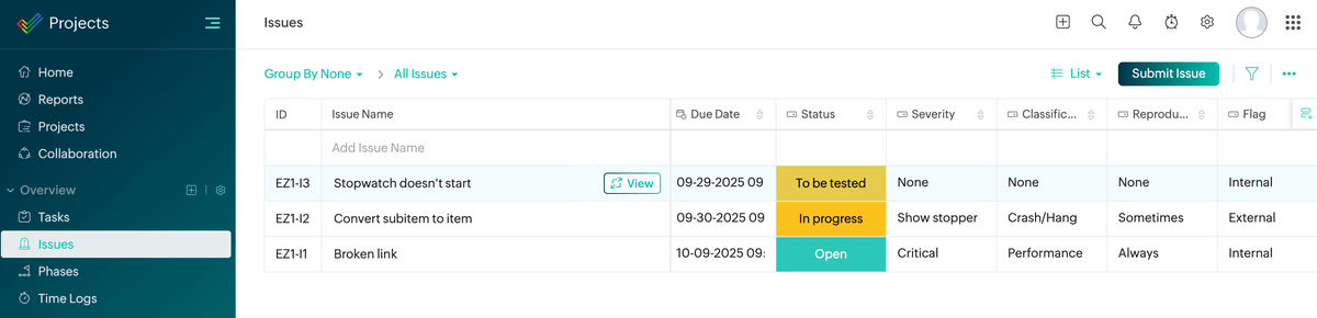 Issues feature in Zoho Projects software