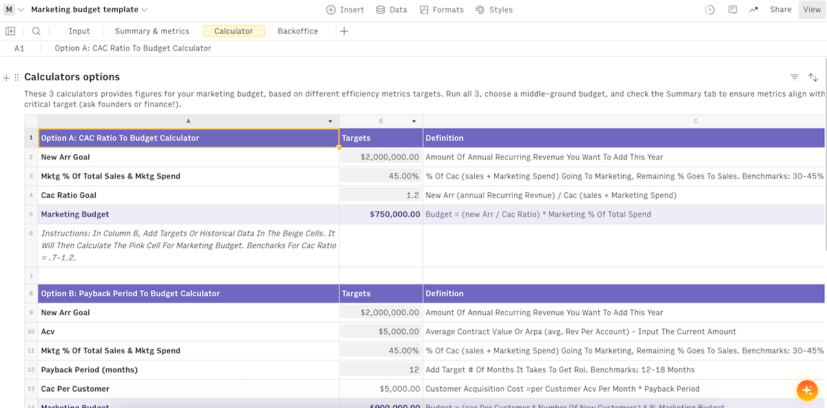 Marketing budget template in Rows