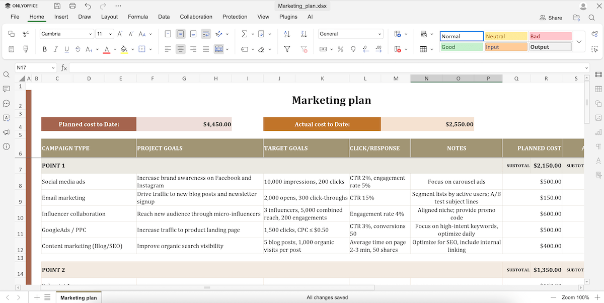 ONLYOFFICE Spreadsheet Editor’s interface